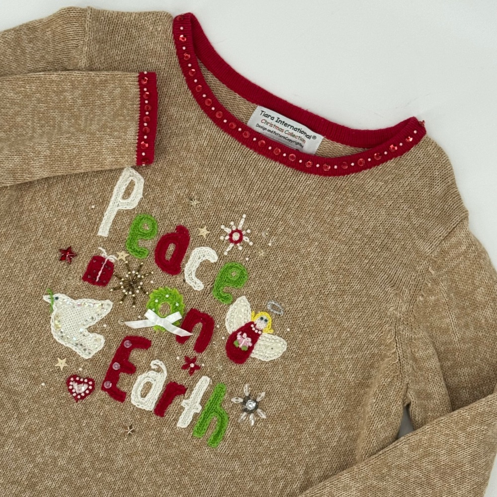 Tiara International Christmas Collection Peace on Earth Sweater‎ Tan Red Medium